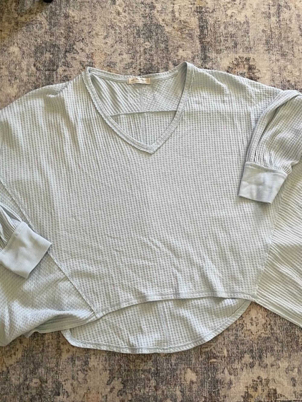 We The Free People Coraline Thermal Large Blue Waffle Knit Top Oversized T13
